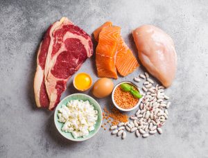 variety of proteins steak salmon chicken beans